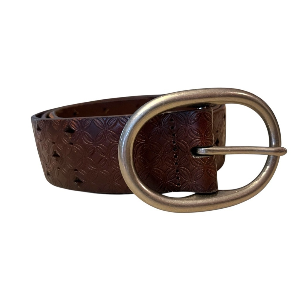 Fossil Brown Embossed Laser Cut Leather Belt with Silver Buckle Sz S/M